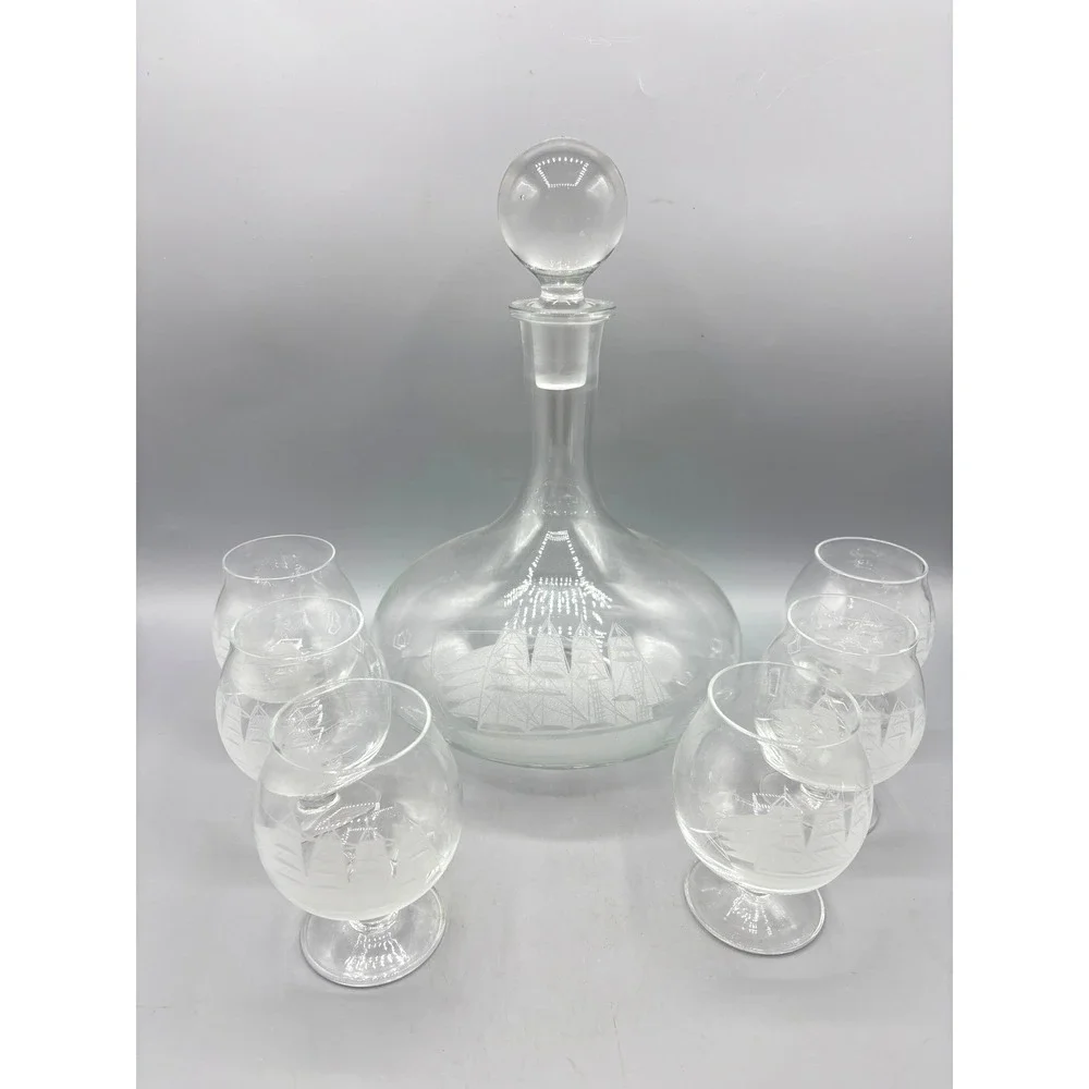 Vtg Etched Crystal Nautical Clipper Ship Decanter Set 6 Glasses Barware‎